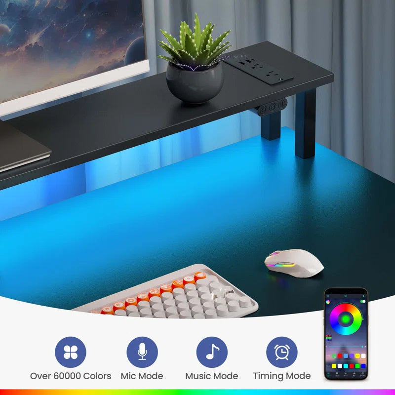 Computer Desk with Monitor Stand & Charging Station, Gaming Desk with LED Lights & Drawers