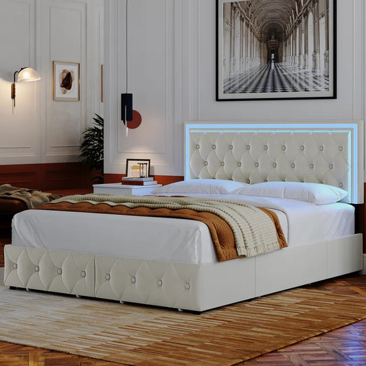Ancuta Luxury Velvet LED Queen Platform Bed with Storage Drawers – Smart RGB Lighting & Music Sync, Adjustable Tufted Headboard, Noise-Free Design, No Box Spring Needed