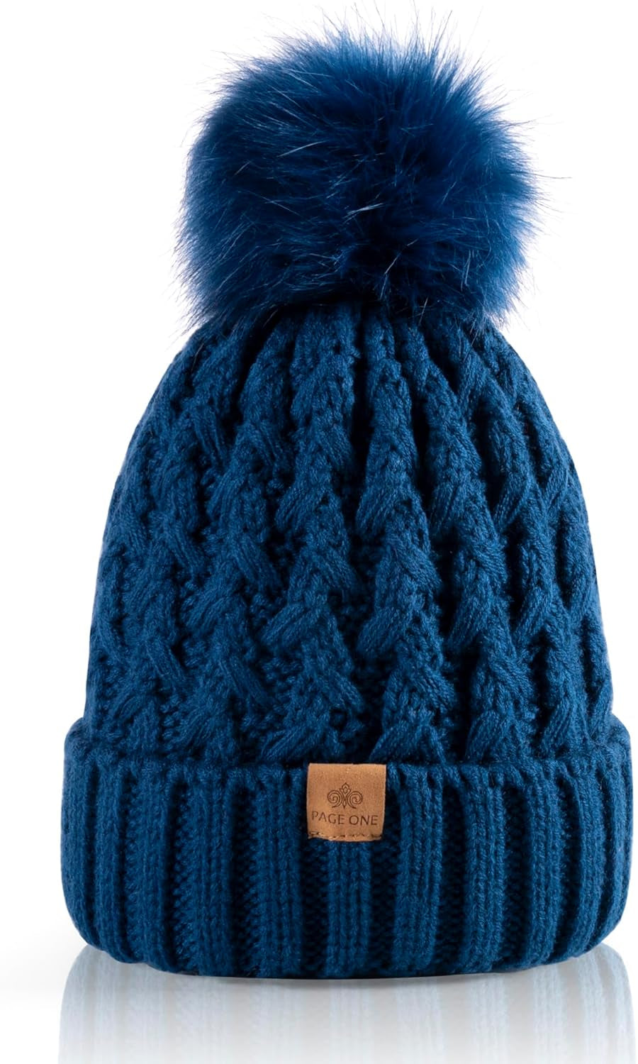 PAGE ONE Womens Winter Ribbed Beanie Crossed Cap Chunky Cable Knit Pompom Soft Warm Hat