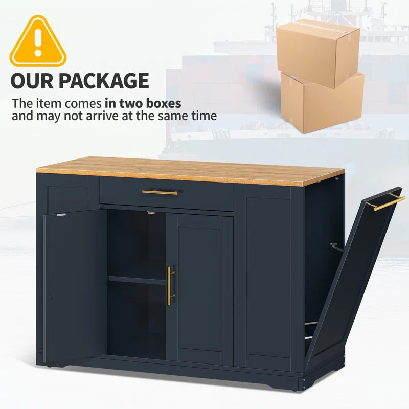 Cushing Rolling Kitchen Island with Wood Top & Trash Can Storage Cabinet