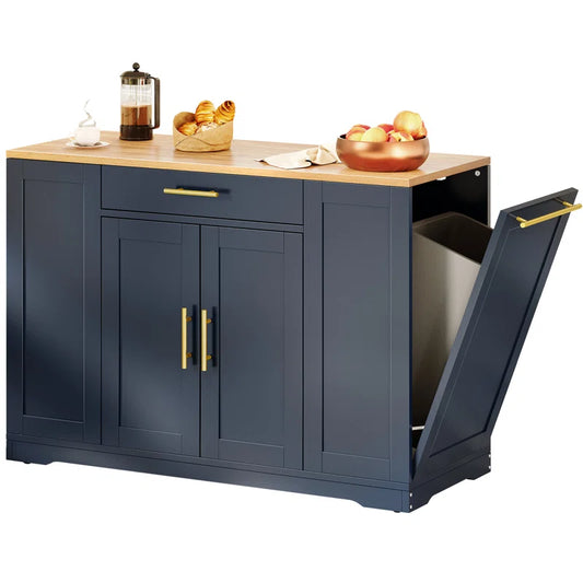 Cushing Rolling Kitchen Island with Wood Top & Trash Can Storage Cabinet