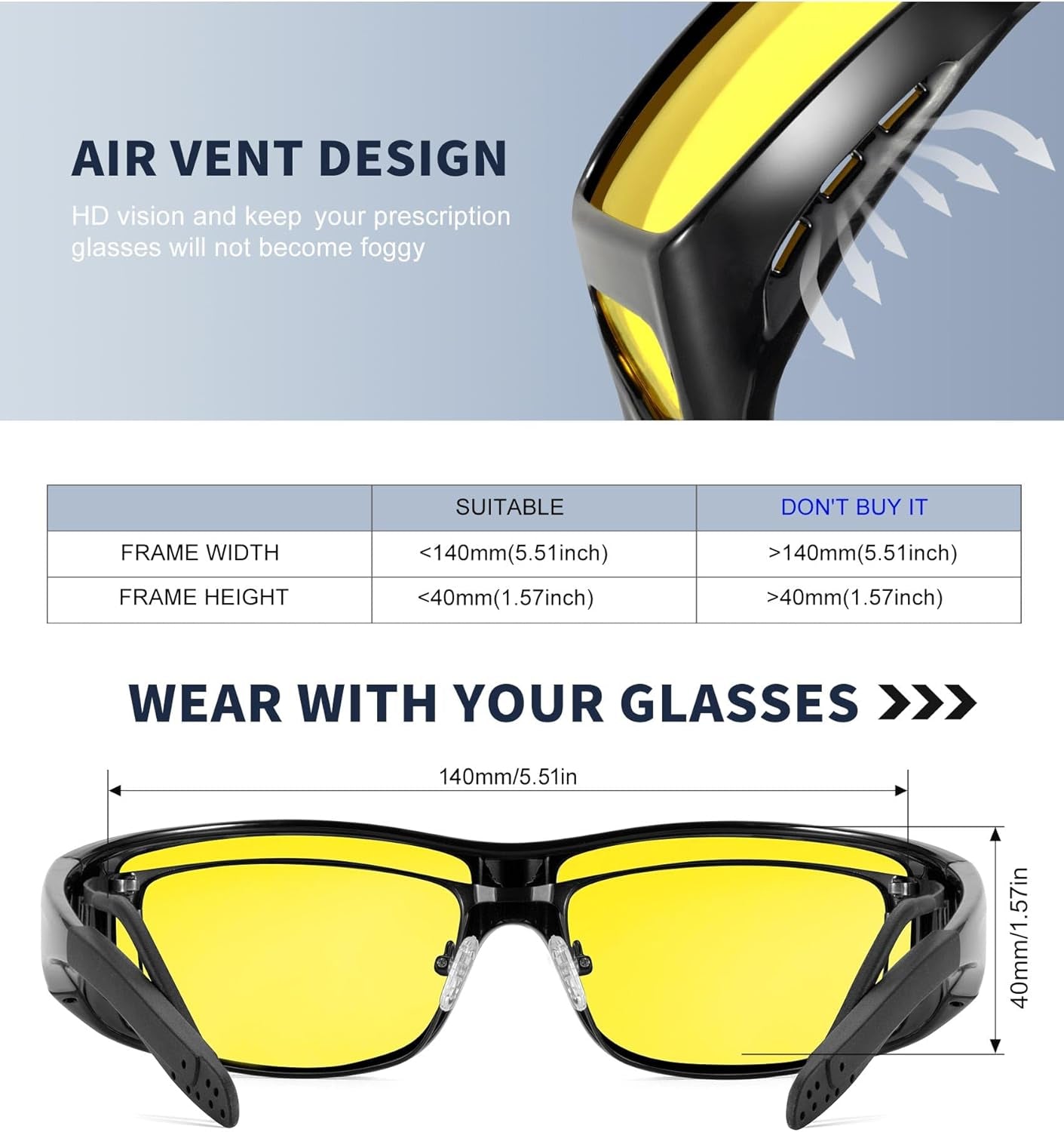 KALIYADI Night-Vision-Glasses Fit-Over-Glasses Wrap-Around Glasses: anti Glare Night Driving Glasses for Men Women HD Lens