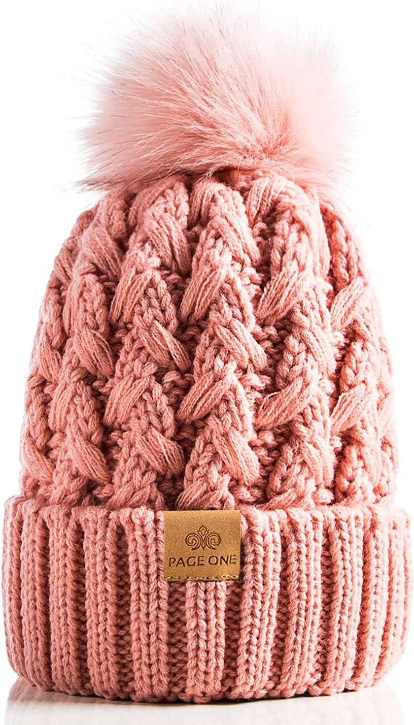 PAGE ONE Womens Winter Ribbed Beanie Crossed Cap Chunky Cable Knit Pompom Soft Warm Hat