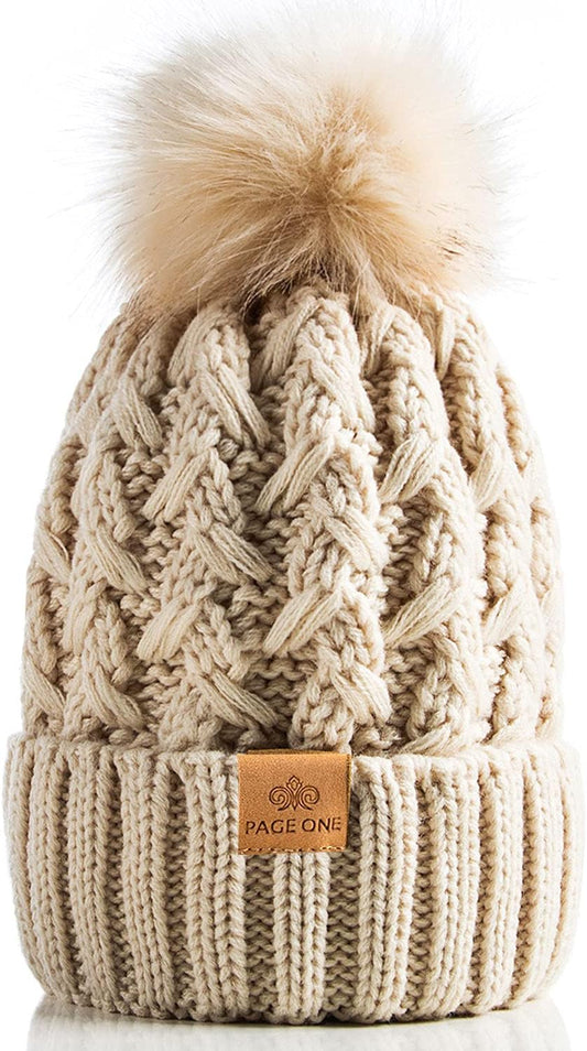 PAGE ONE Womens Winter Ribbed Beanie Crossed Cap Chunky Cable Knit Pompom Soft Warm Hat