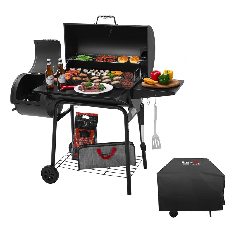 Royal Gourmet 30" Barrel Charcoal Grill with Smoker, Side Table and Cover