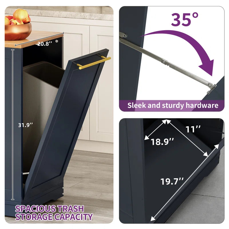 Cushing Rolling Kitchen Island with Wood Top & Trash Can Storage Cabinet