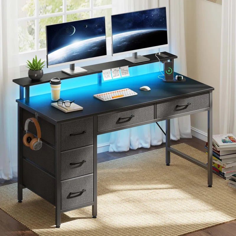 Computer Desk with Monitor Stand & Charging Station, Gaming Desk with LED Lights & Drawers