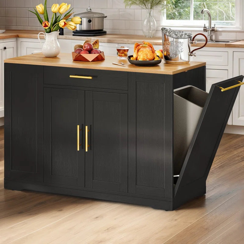 Cushing Rolling Kitchen Island with Wood Top & Trash Can Storage Cabinet