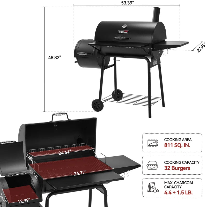 Royal Gourmet 30" Barrel Charcoal Grill with Smoker, Side Table and Cover