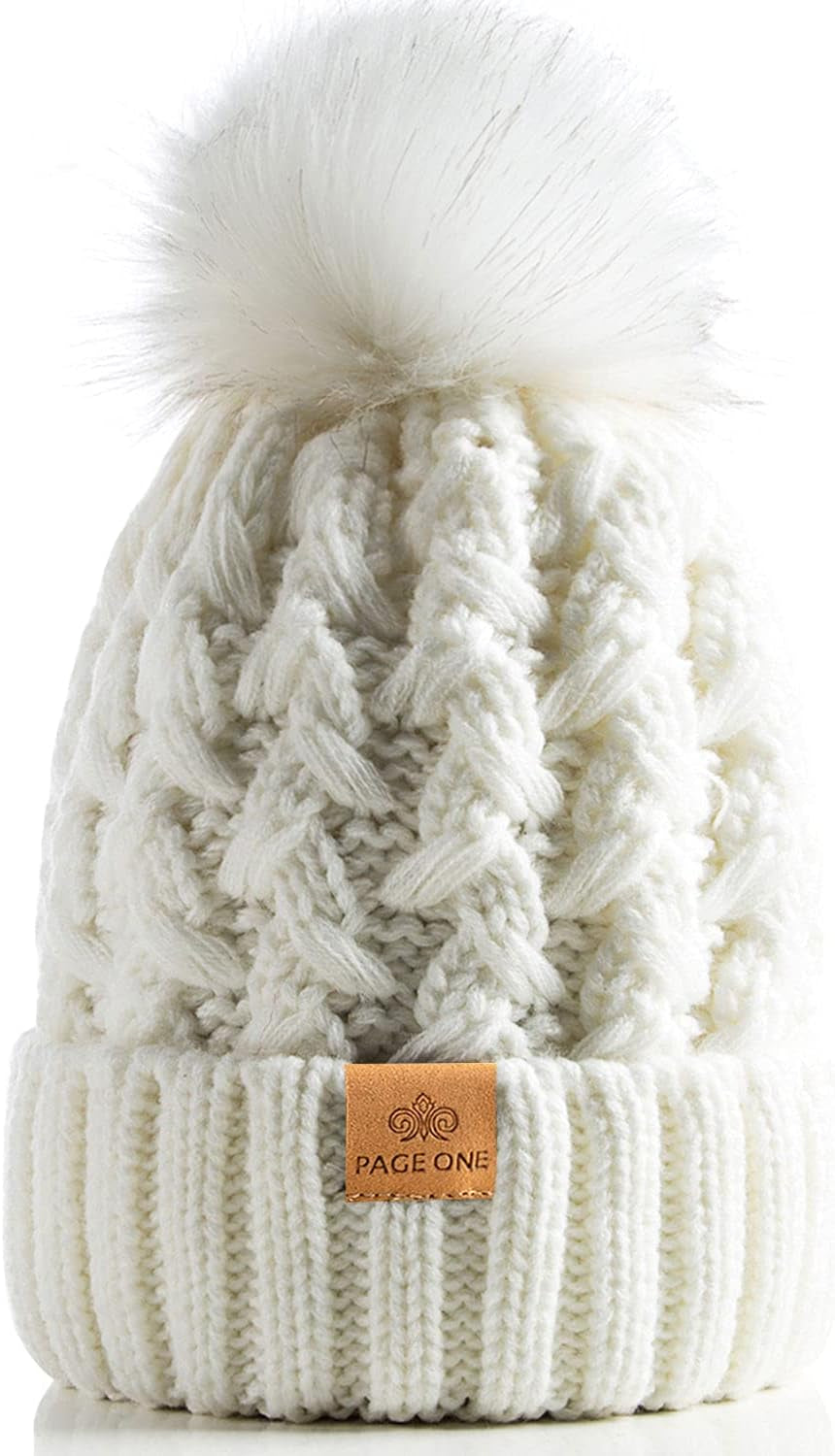PAGE ONE Womens Winter Ribbed Beanie Crossed Cap Chunky Cable Knit Pompom Soft Warm Hat