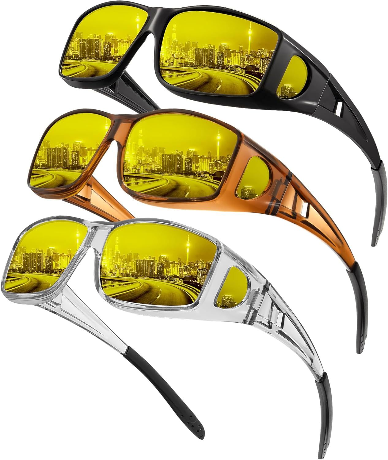 KALIYADI Night-Vision-Glasses Fit-Over-Glasses Wrap-Around Glasses: anti Glare Night Driving Glasses for Men Women HD Lens