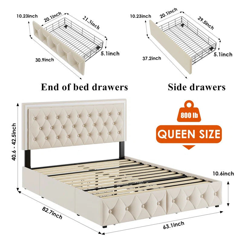 Ancuta Luxury Velvet LED Queen Platform Bed with Storage Drawers – Smart RGB Lighting & Music Sync, Adjustable Tufted Headboard, Noise-Free Design, No Box Spring Needed