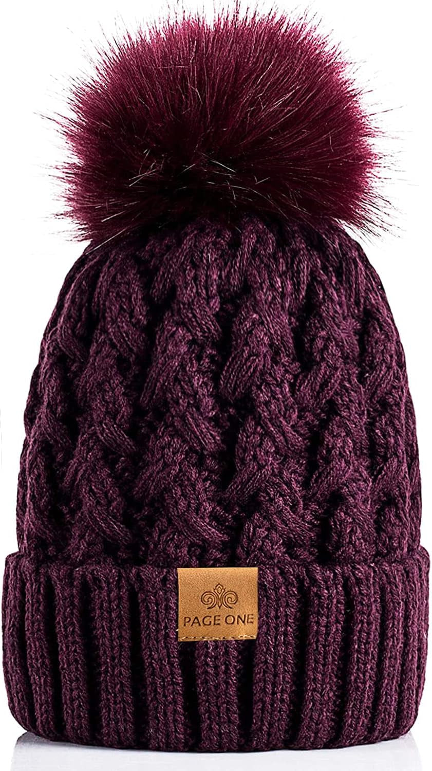 PAGE ONE Womens Winter Ribbed Beanie Crossed Cap Chunky Cable Knit Pompom Soft Warm Hat