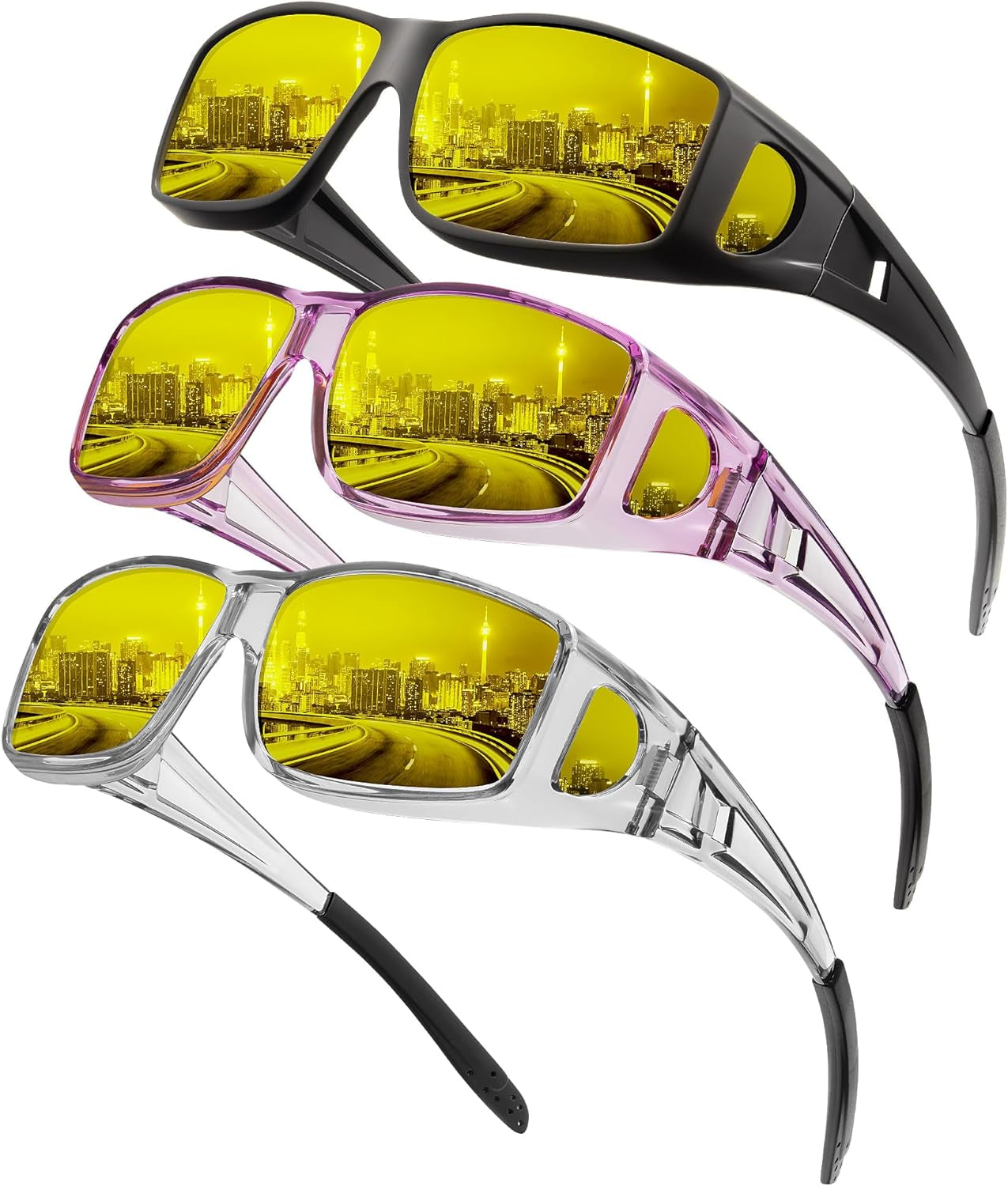 KALIYADI Night-Vision-Glasses Fit-Over-Glasses Wrap-Around Glasses: anti Glare Night Driving Glasses for Men Women HD Lens