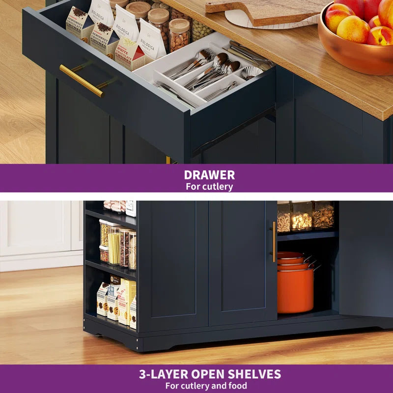 Cushing Rolling Kitchen Island with Wood Top & Trash Can Storage Cabinet