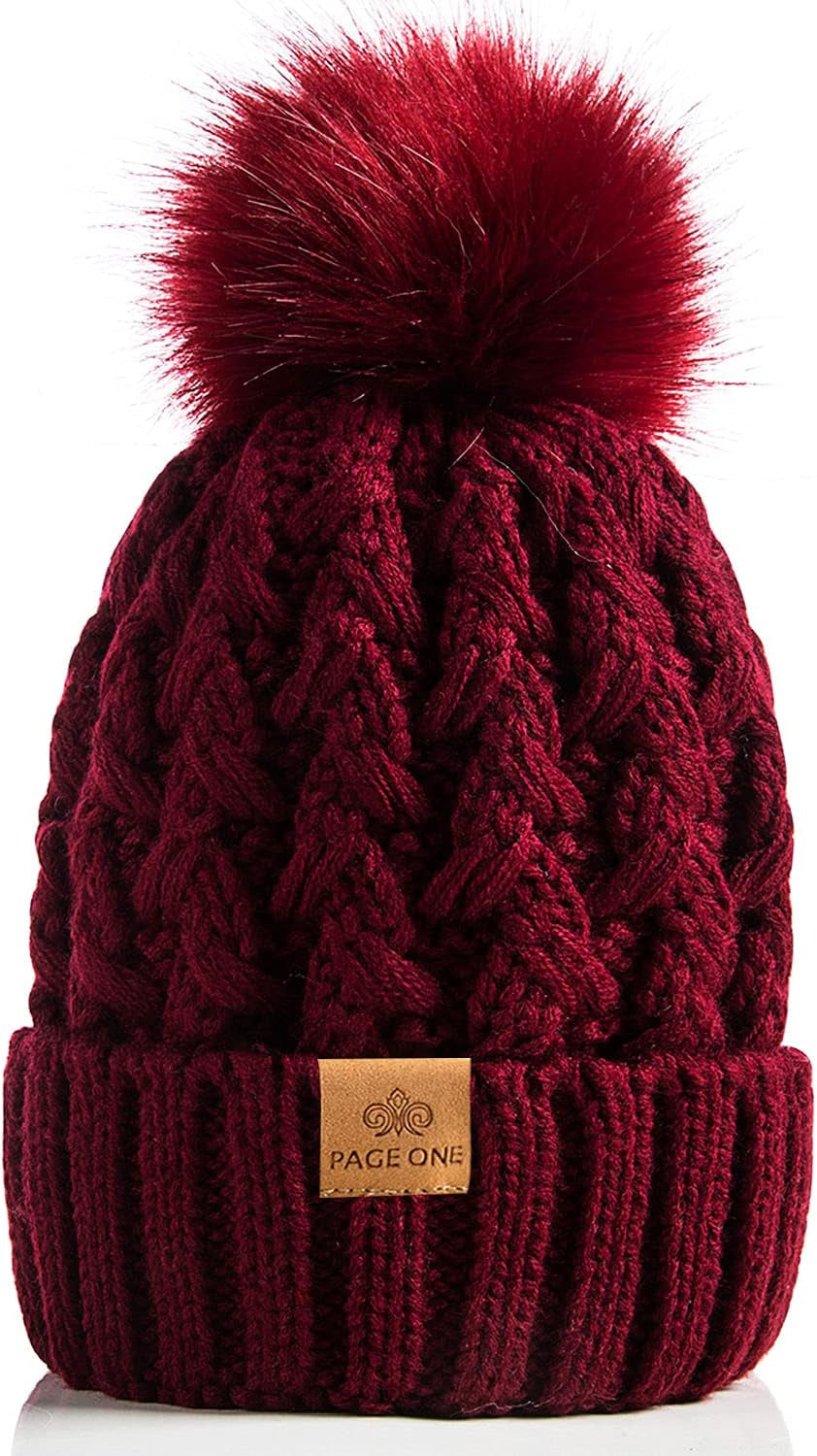 PAGE ONE Womens Winter Ribbed Beanie Crossed Cap Chunky Cable Knit Pompom Soft Warm Hat