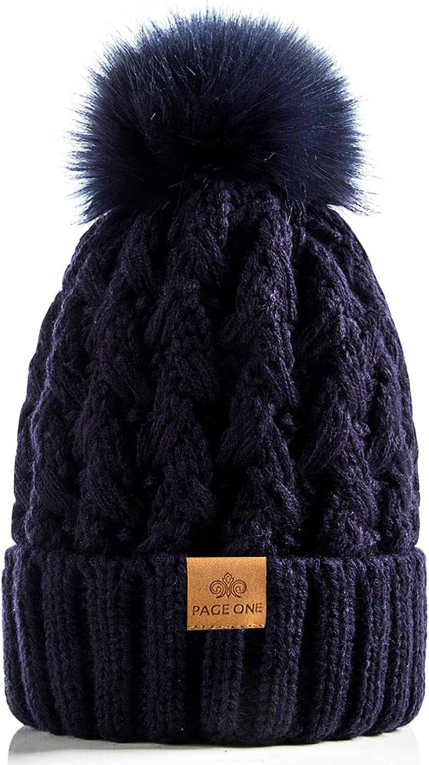 PAGE ONE Womens Winter Ribbed Beanie Crossed Cap Chunky Cable Knit Pompom Soft Warm Hat
