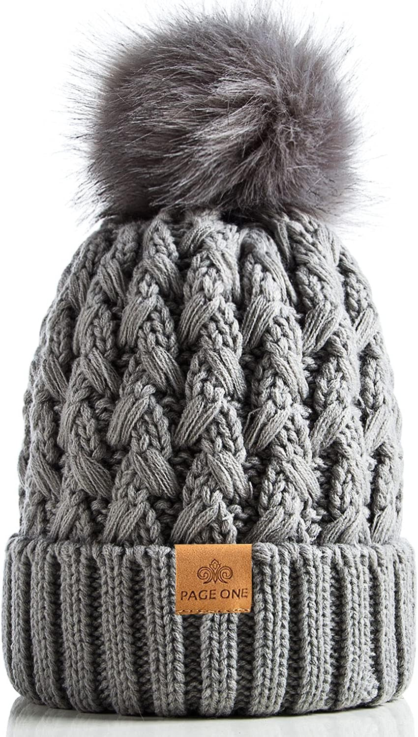 PAGE ONE Womens Winter Ribbed Beanie Crossed Cap Chunky Cable Knit Pompom Soft Warm Hat