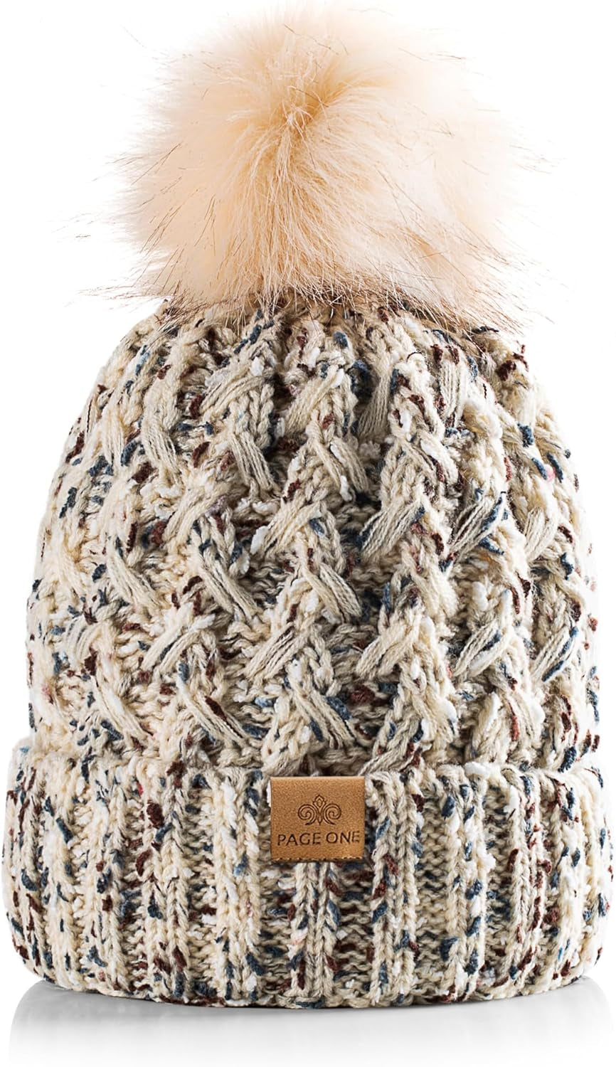 PAGE ONE Womens Winter Ribbed Beanie Crossed Cap Chunky Cable Knit Pompom Soft Warm Hat