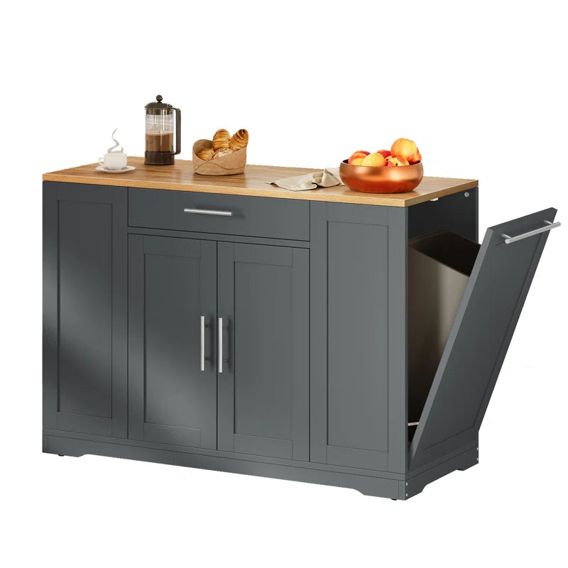 Cushing Rolling Kitchen Island with Wood Top & Trash Can Storage Cabinet