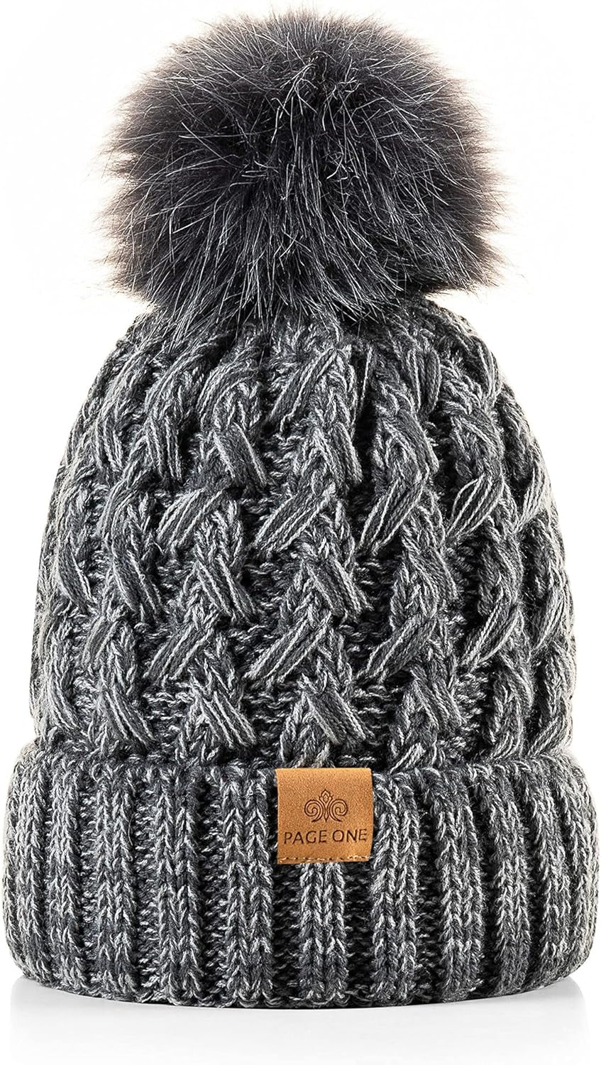 PAGE ONE Womens Winter Ribbed Beanie Crossed Cap Chunky Cable Knit Pompom Soft Warm Hat