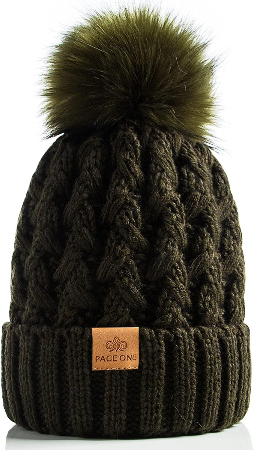 PAGE ONE Womens Winter Ribbed Beanie Crossed Cap Chunky Cable Knit Pompom Soft Warm Hat