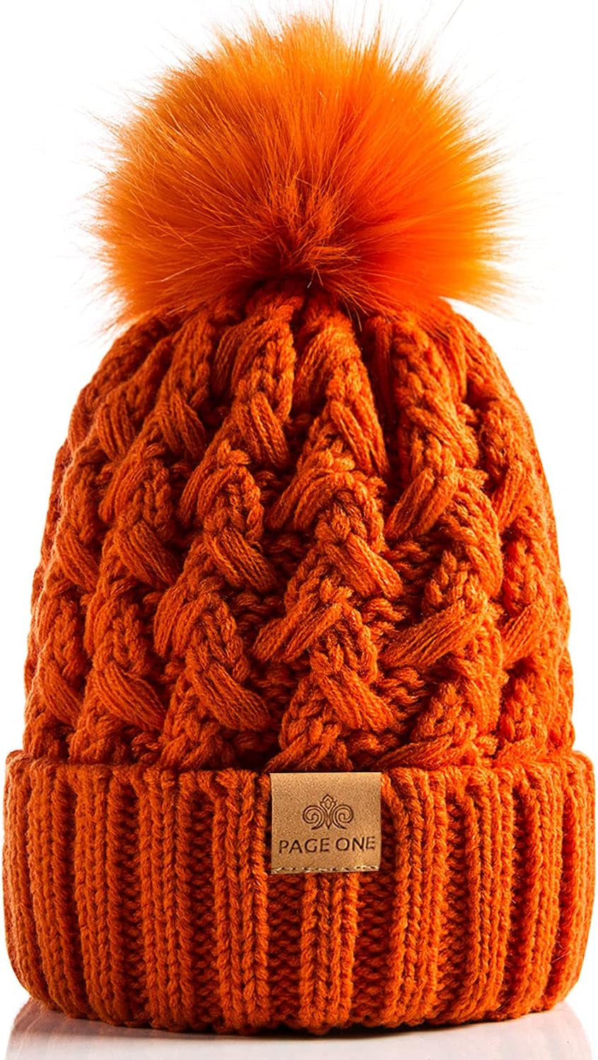 PAGE ONE Womens Winter Ribbed Beanie Crossed Cap Chunky Cable Knit Pompom Soft Warm Hat