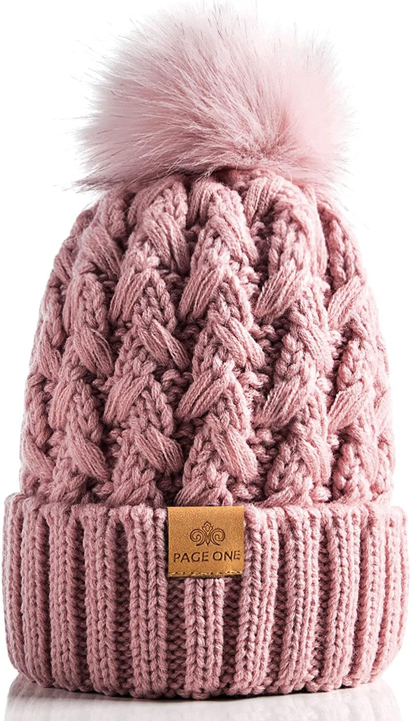 PAGE ONE Womens Winter Ribbed Beanie Crossed Cap Chunky Cable Knit Pompom Soft Warm Hat