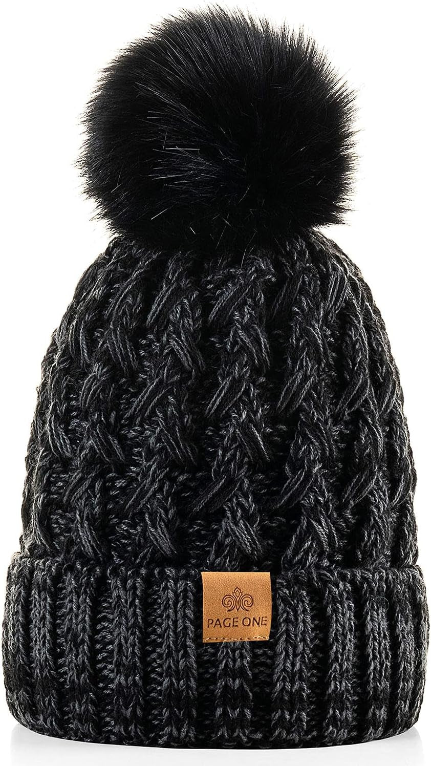 PAGE ONE Womens Winter Ribbed Beanie Crossed Cap Chunky Cable Knit Pompom Soft Warm Hat