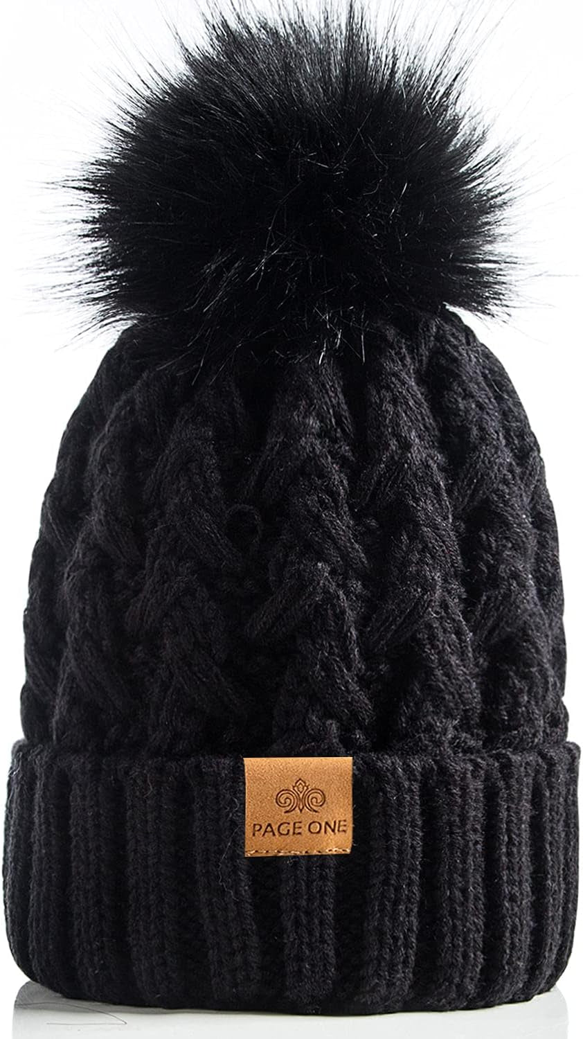 PAGE ONE Womens Winter Ribbed Beanie Crossed Cap Chunky Cable Knit Pompom Soft Warm Hat