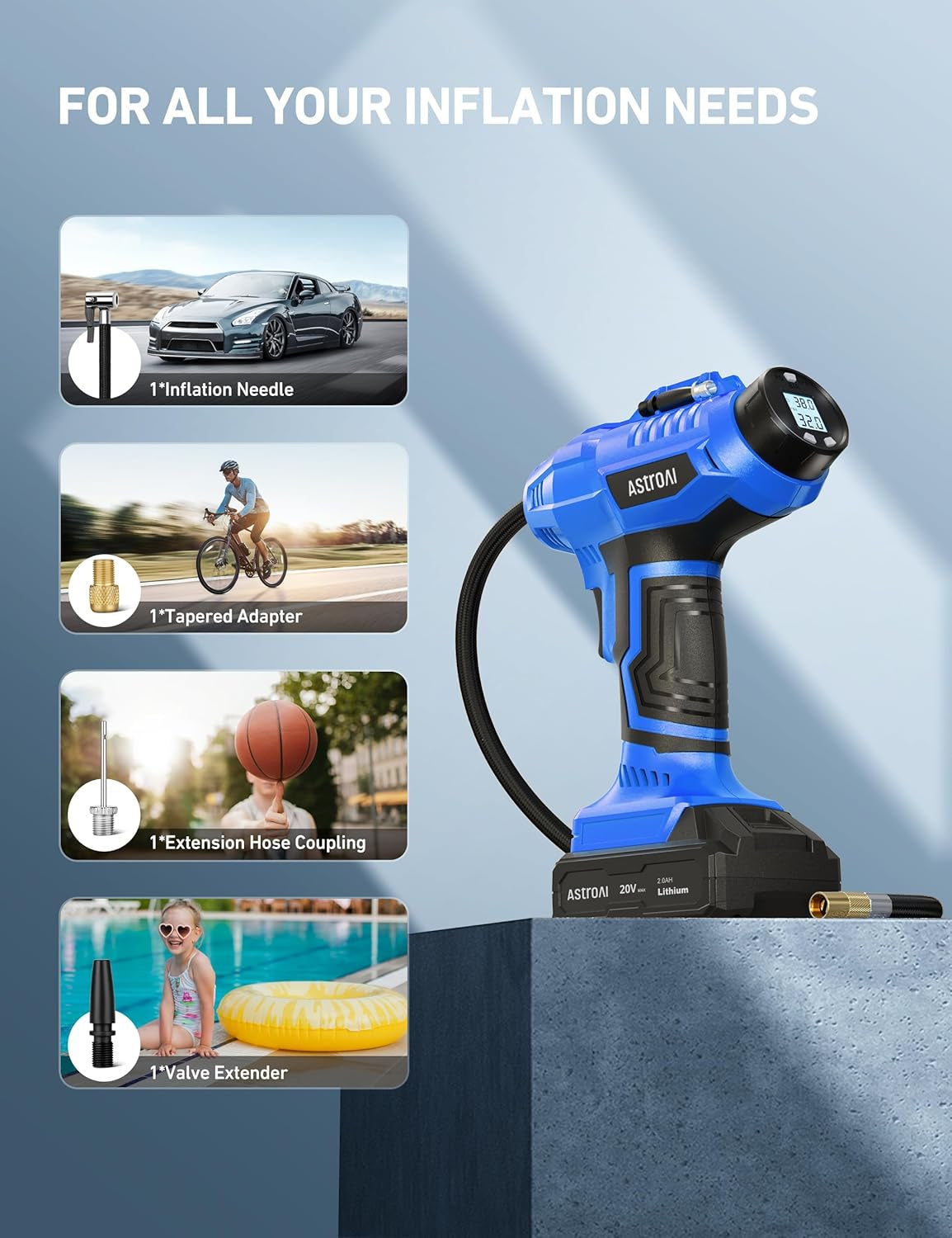 Astroai C2 Cordless Tire Inflator Air Compressor 20V Rechargeable Battery Powered 160PSI Portable Handheld Air Pump with 12V Car Power Adapter Digital Pressure Gauge for Cars Motorcycles Blue