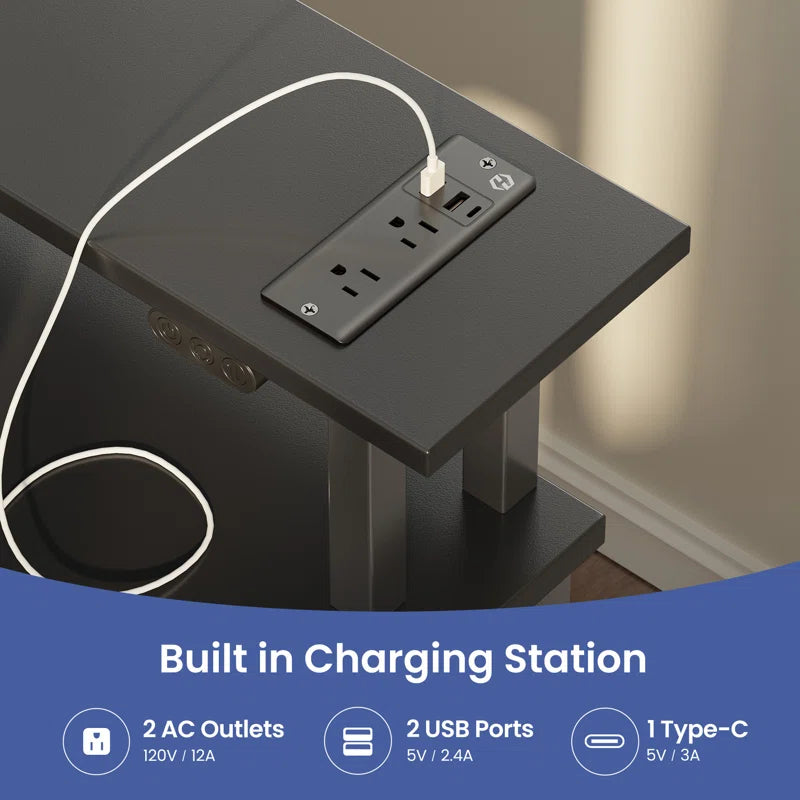 Computer Desk with Monitor Stand & Charging Station, Gaming Desk with LED Lights & Drawers