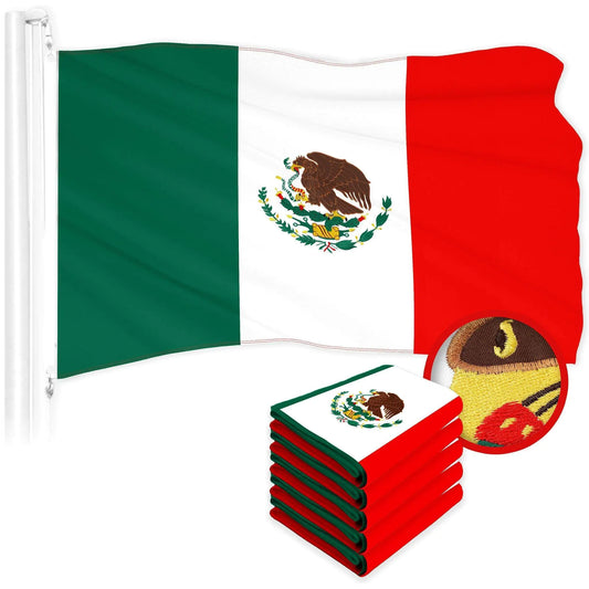 G128 Mexico Flag 5-Pack: 2x3 Ft Embroidered 300D Polyester with Brass Grommets