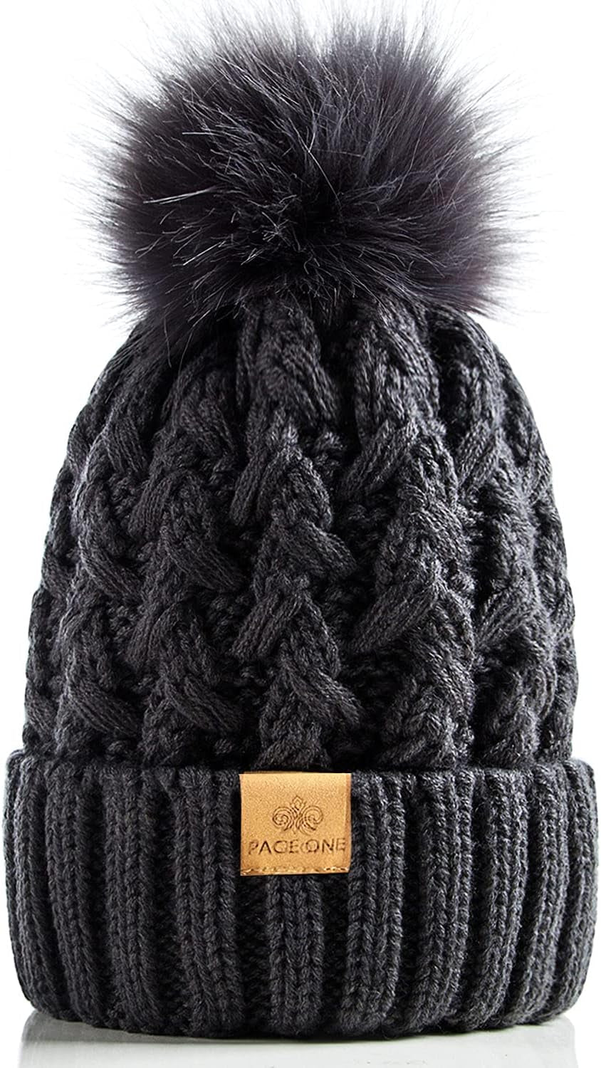 PAGE ONE Womens Winter Ribbed Beanie Crossed Cap Chunky Cable Knit Pompom Soft Warm Hat