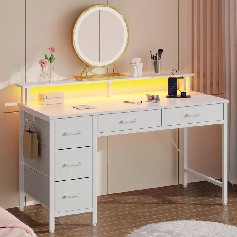 Computer Desk with Monitor Stand & Charging Station, Gaming Desk with LED Lights & Drawers