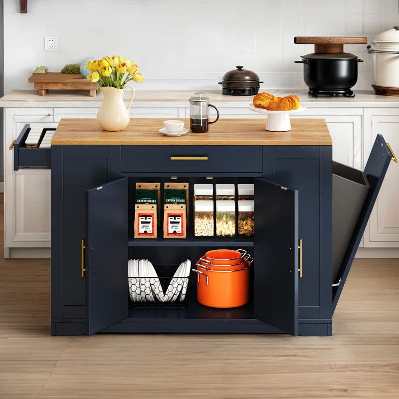 Cushing Rolling Kitchen Island with Wood Top & Trash Can Storage Cabinet