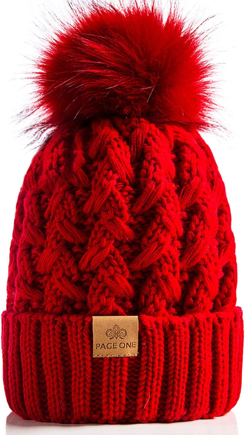 PAGE ONE Womens Winter Ribbed Beanie Crossed Cap Chunky Cable Knit Pompom Soft Warm Hat