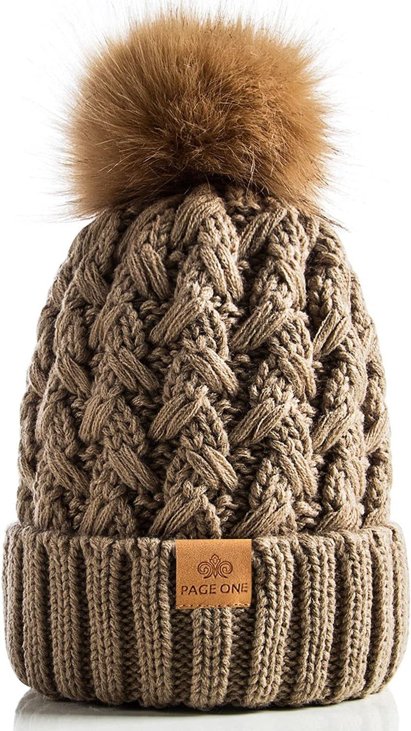PAGE ONE Womens Winter Ribbed Beanie Crossed Cap Chunky Cable Knit Pompom Soft Warm Hat