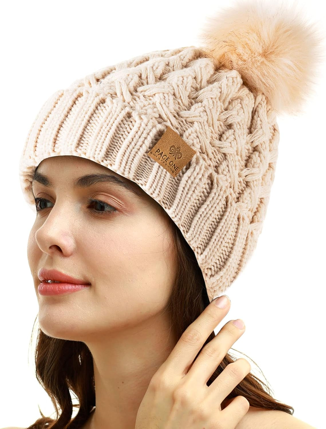 PAGE ONE Womens Winter Ribbed Beanie Crossed Cap Chunky Cable Knit Pompom Soft Warm Hat