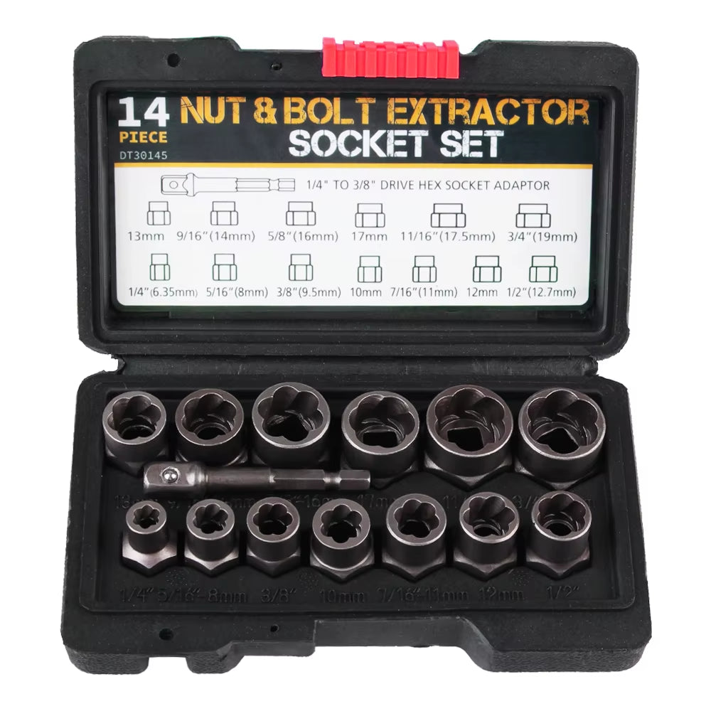 Car Tool Kit Hand Tools 6.35Mm-19Mm Damaged Screw Extractor 14Pcs Bolt Nut Remover Socket Set Cr-Mo Steel