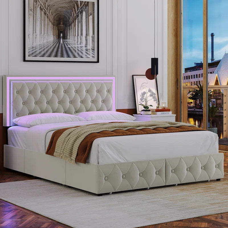 Ancuta Luxury Velvet LED Queen Platform Bed with Storage Drawers – Smart RGB Lighting & Music Sync, Adjustable Tufted Headboard, Noise-Free Design, No Box Spring Needed
