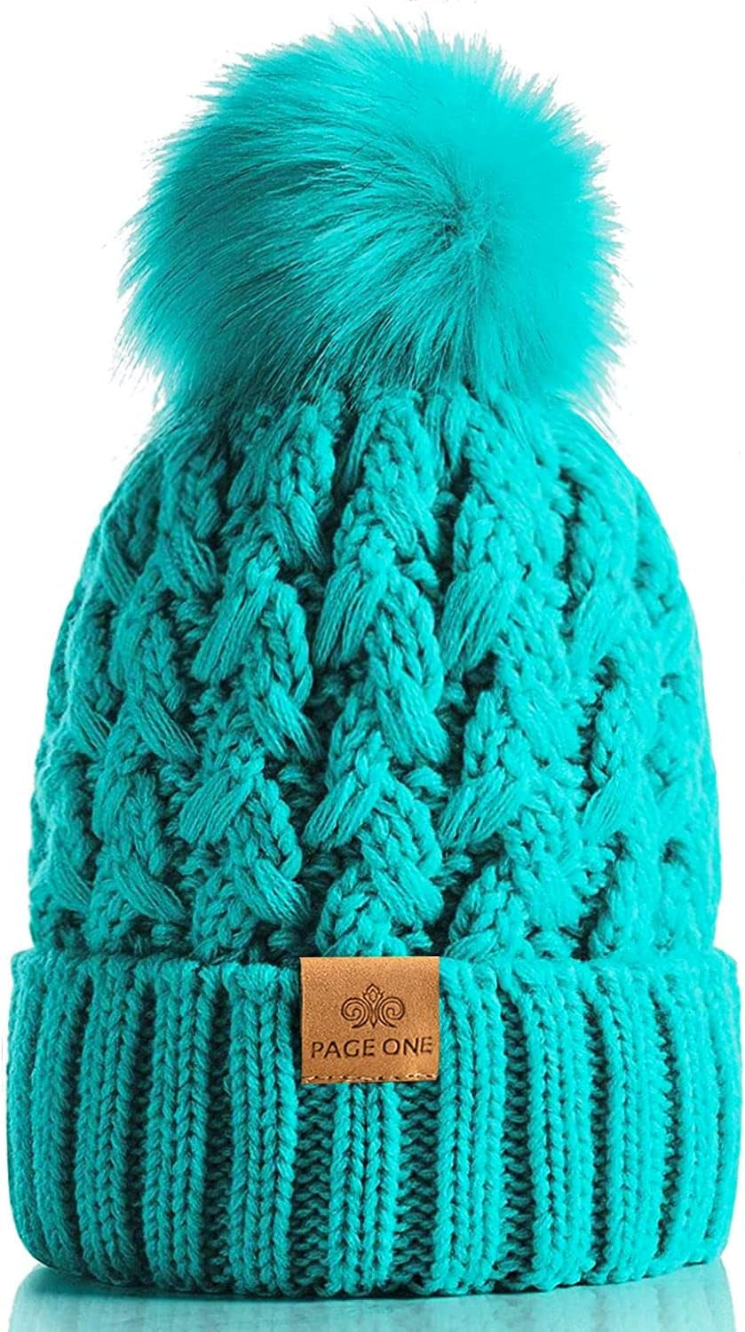 PAGE ONE Womens Winter Ribbed Beanie Crossed Cap Chunky Cable Knit Pompom Soft Warm Hat