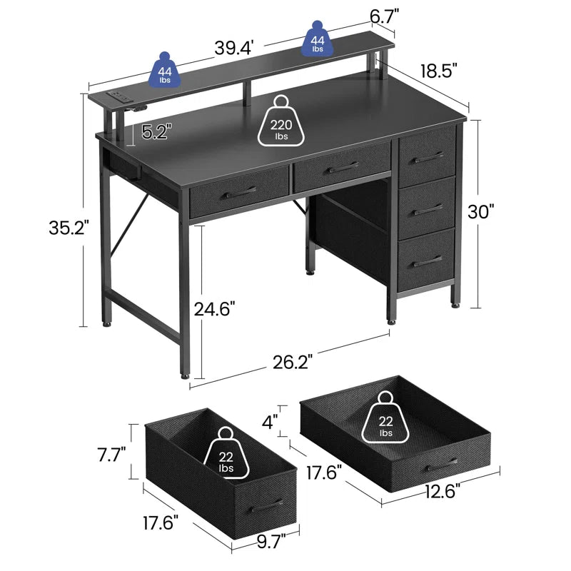 Computer Desk with Monitor Stand & Charging Station, Gaming Desk with LED Lights & Drawers