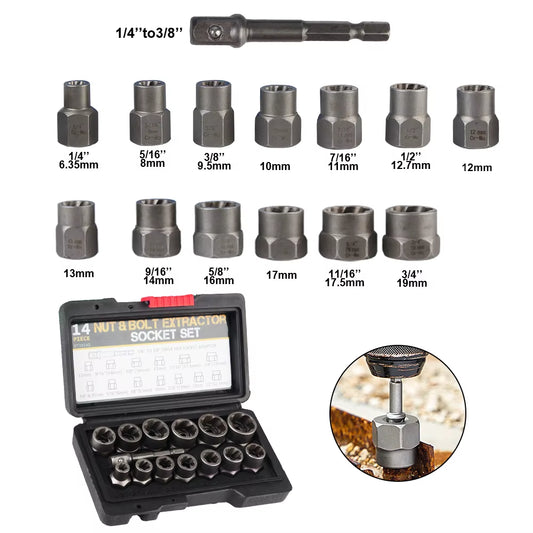 Car Tool Kit Hand Tools 6.35Mm-19Mm Damaged Screw Extractor 14Pcs Bolt Nut Remover Socket Set Cr-Mo Steel