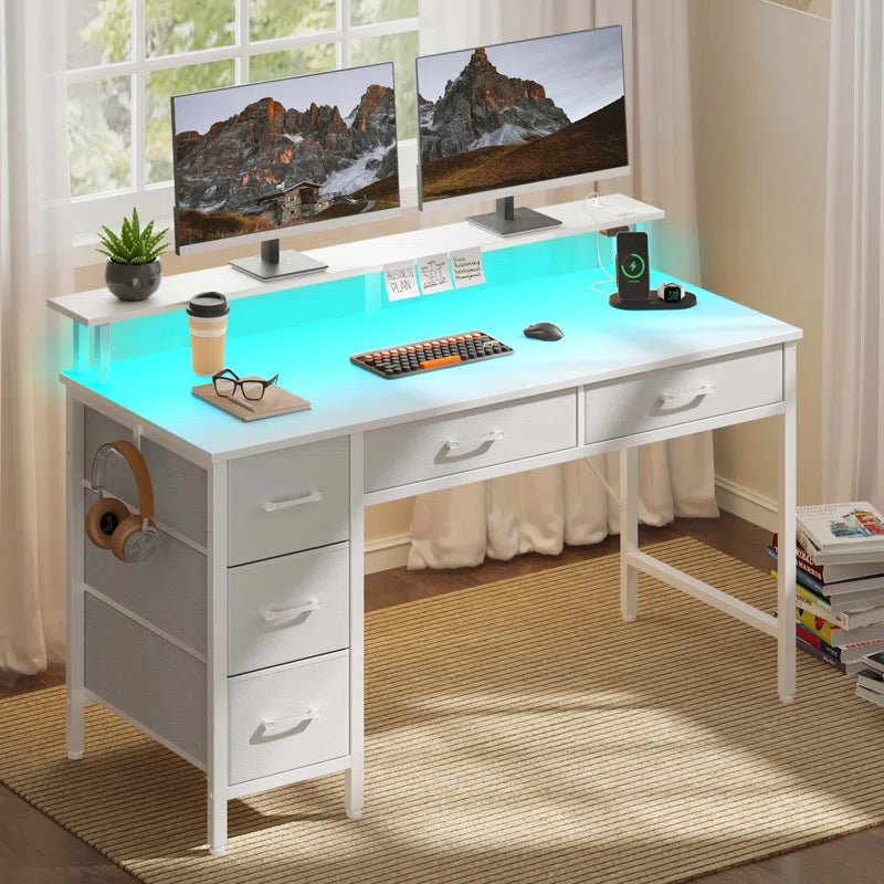 Computer Desk with Monitor Stand & Charging Station, Gaming Desk with LED Lights & Drawers