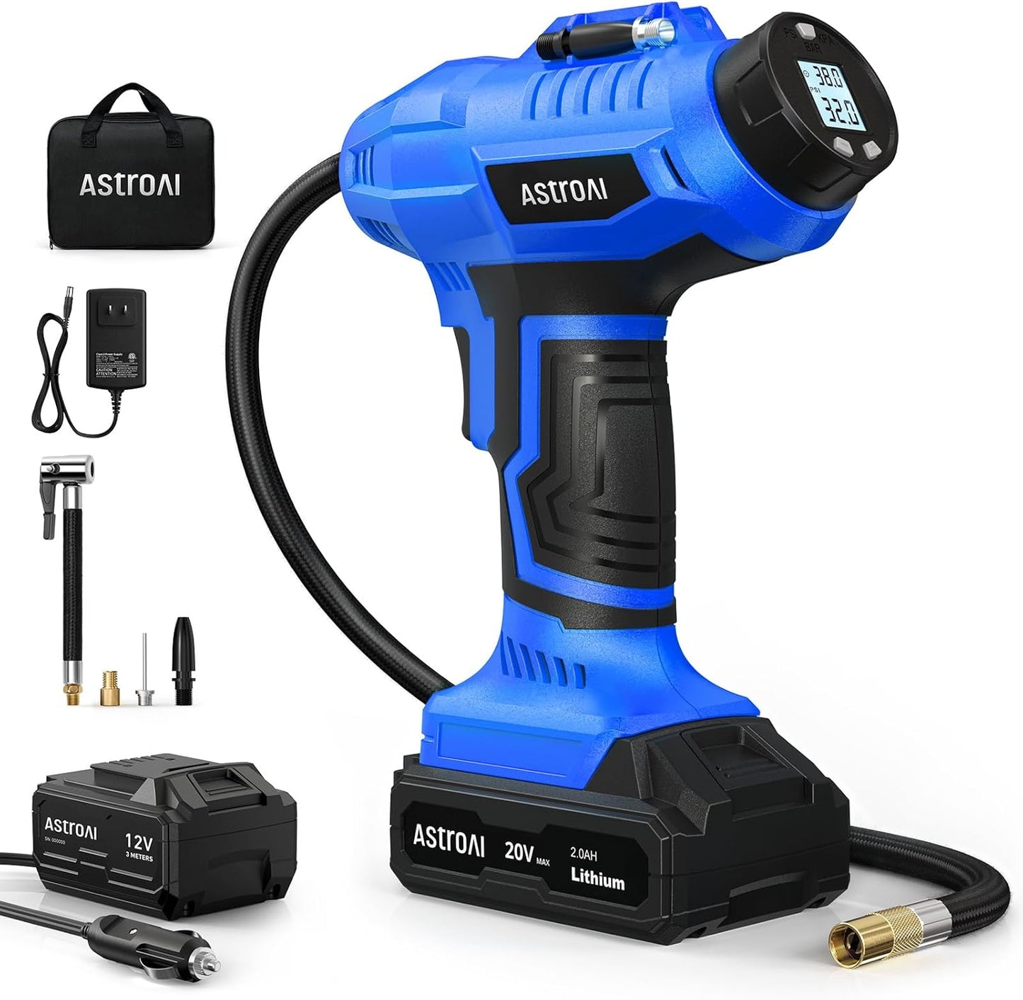 Astroai C2 Cordless Tire Inflator Air Compressor 20V Rechargeable Battery Powered 160PSI Portable Handheld Air Pump with 12V Car Power Adapter Digital Pressure Gauge for Cars Motorcycles Blue