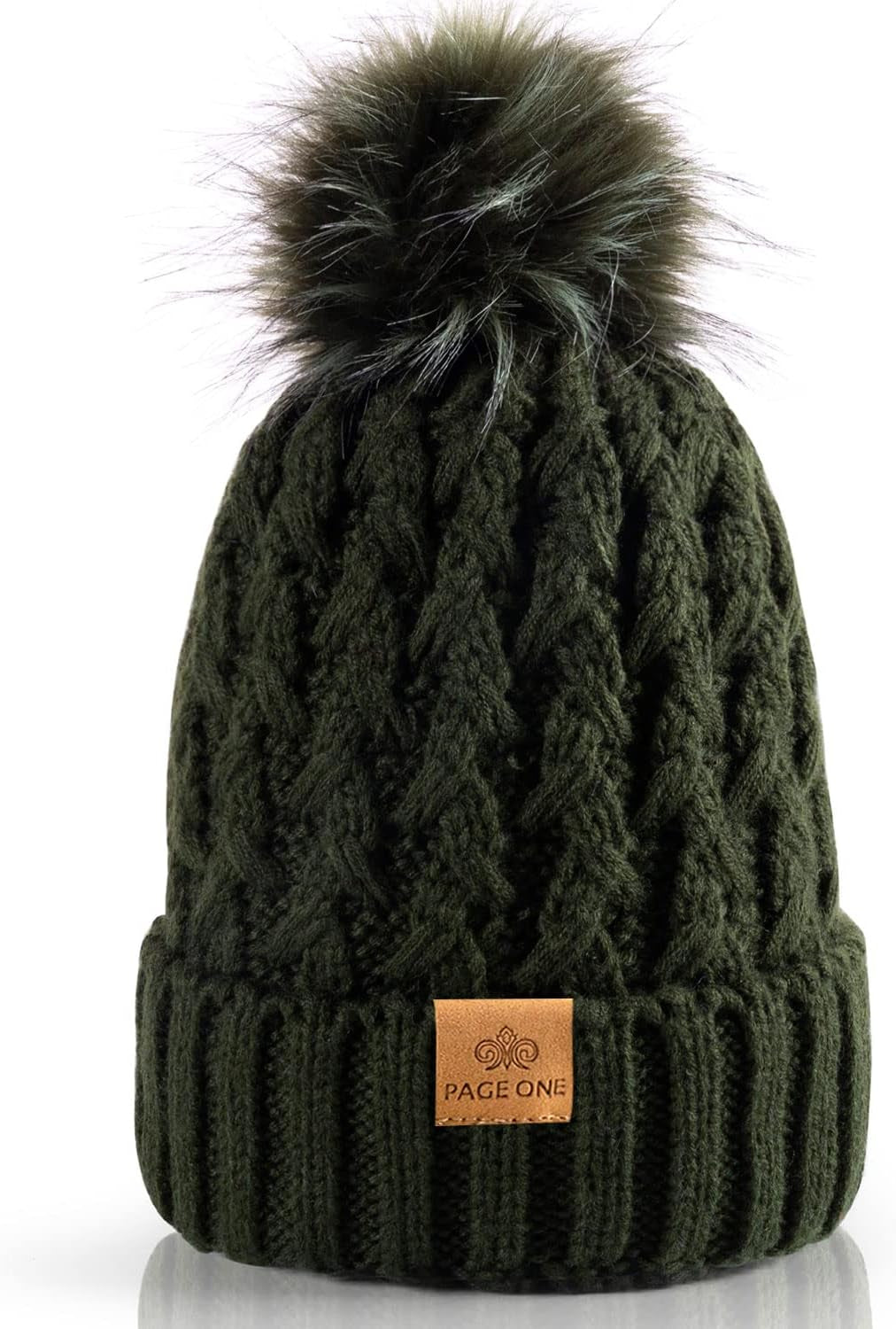 PAGE ONE Womens Winter Ribbed Beanie Crossed Cap Chunky Cable Knit Pompom Soft Warm Hat