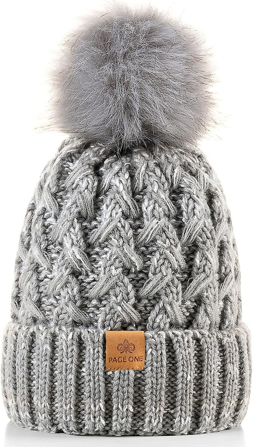 PAGE ONE Womens Winter Ribbed Beanie Crossed Cap Chunky Cable Knit Pompom Soft Warm Hat