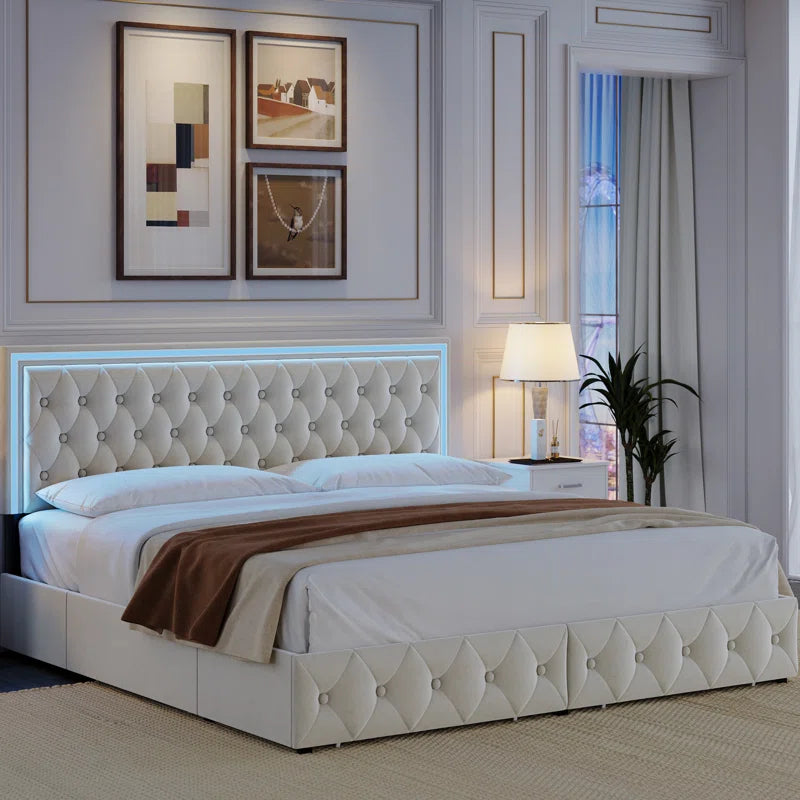 Ancuta Luxury Velvet LED Queen Platform Bed with Storage Drawers – Smart RGB Lighting & Music Sync, Adjustable Tufted Headboard, Noise-Free Design, No Box Spring Needed
