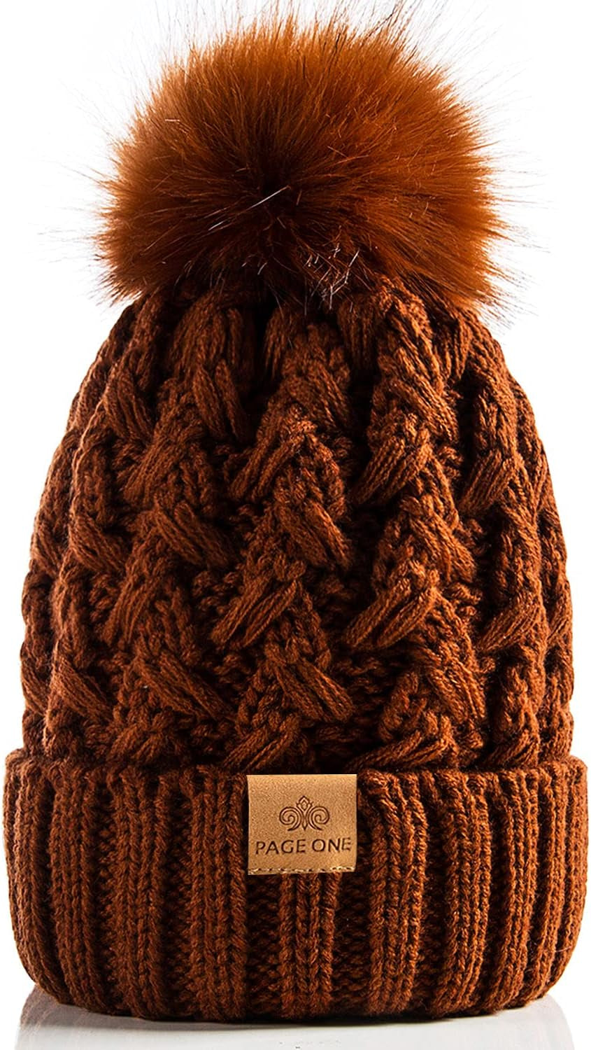 PAGE ONE Womens Winter Ribbed Beanie Crossed Cap Chunky Cable Knit Pompom Soft Warm Hat